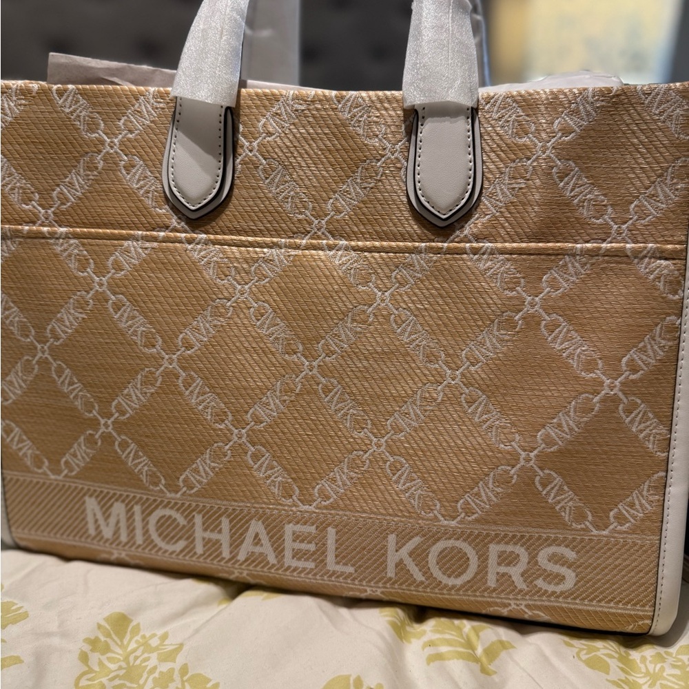 Michael Kors Beige and White Logo Tote